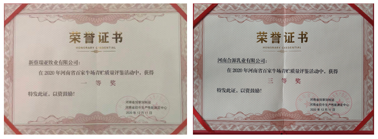 榮譽 | “百家牛場青貯質(zhì)量評鑒活動”花花牛新蔡瑞亞牧業(yè)、河南合源乳業(yè)分別榮獲一、三等獎